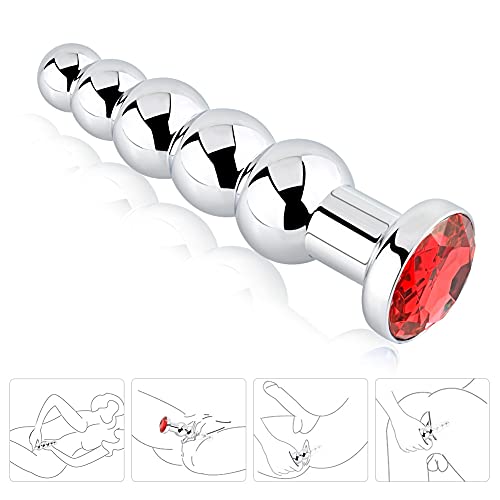 Roluck plug anal con perlas de metal con 5 bolas paso a paso joya plug anal consolador anal juguete sexual para mujer hombre, rojo