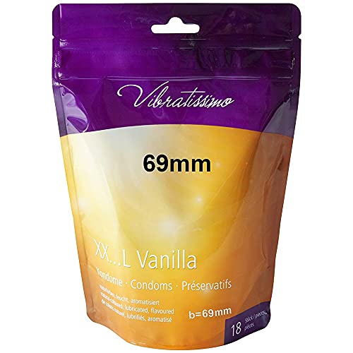 VIBRATISSIMO Condones XXL Vanilla paquete de 18 I preservativos premium con aroma I condones vainilla con grosor de pared fino y aromatizados I condones sensitivos ultrafinos I b=69mm