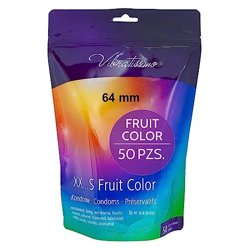 VIBRATISSIMO Condones Fruit Color paquete de 50 I sensitivos y extra húmedos I condoms for men I bolsa de condones recerrable I condones multicolor I condones extrafinos I 64mm