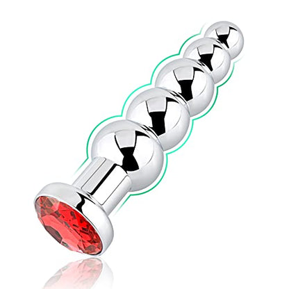 Roluck plug anal con perlas de metal con 5 bolas paso a paso joya plug anal consolador anal juguete sexual para mujer hombre, rojo