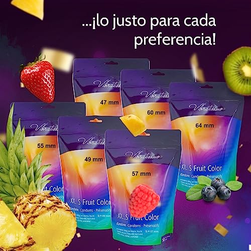 VIBRATISSIMO Condones Fruit Color paquete de 50 I sensitivos y extra húmedos I condoms for men I bolsa de condones recerrable I condones multicolor I condones extrafinos I 64mm