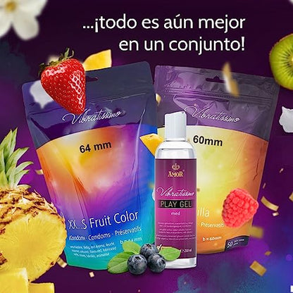 VIBRATISSIMO Condones Fruit Color paquete de 50 y lubricante I sensitivos y extra húmedos I condoms for men I bolsa de condones recerrable I condones multicolor I condones extrafinos I b=57mm