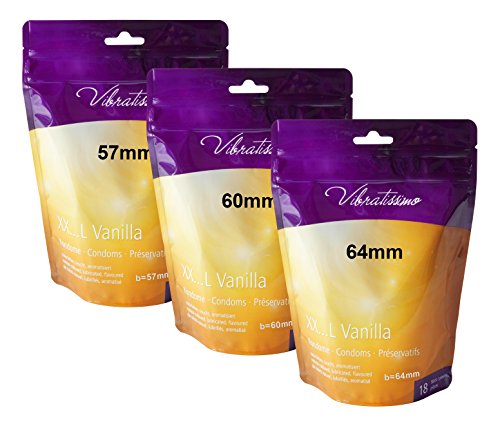 VIBRATISSIMO Condones XXL Vanilla paquete de 18 I preservativos premium con aroma I condones vainilla con grosor de pared fino y aromatizados I condones sensitivos ultrafinos I b=69mm