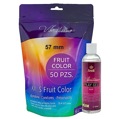 VIBRATISSIMO Condones Fruit Color paquete de 50 y lubricante I sensitivos y extra húmedos I condoms for men I bolsa de condones recerrable I condones multicolor I condones extrafinos I b=57mm