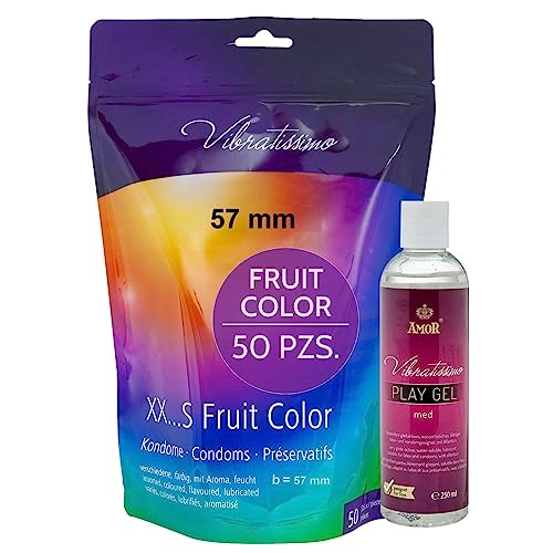 VIBRATISSIMO Condones Fruit Color paquete de 50 y lubricante I sensitivos y extra húmedos I condoms for men I bolsa de condones recerrable I condones multicolor I condones extrafinos I b=57mm